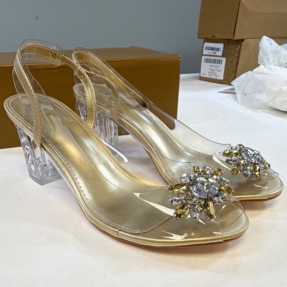 NEW Perphy Clear Rhinestone Slingback Wedge Sandals Lucite Heel Gold Shoes US 6